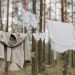 Clothes hanging on a line in a serene forest, creating a rustic outdoor laundry scene.